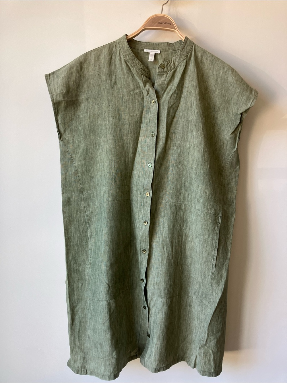 EILEEN FISHER Delave Shirtdress Olive Green Washed Organic Linen Size Large EUC
